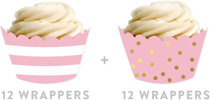 Andaz Press Party Cupcake Wrapper Decorations, Blush Pink Stripes and Metallic Gold Ink Polka Dots, 24-Pack, Theme Colored Bulk Cake Supplies