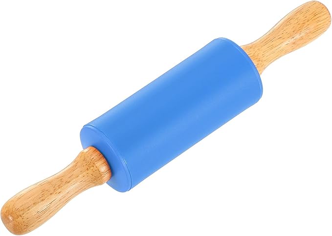uxcell 4 Inch Silicone Rolling Pin, Small Dough Roller with Wood Handle for Pizza Pastry Fondant Kitchen, Blue