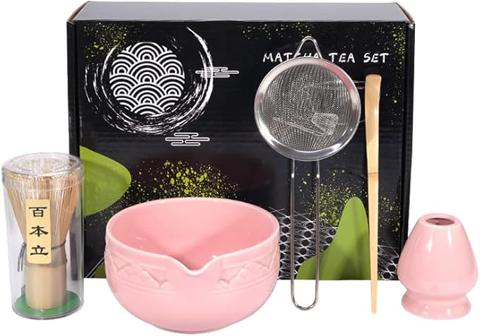 5Pcs Ceramic Matcha Set Pink, Matcha Whisk Set, Tea Set Includes Matcha Bowl 560ml/18.9oz, Matcha Whisk and Holder, Sifter, Bamboo Tascoop