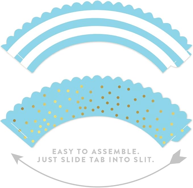 Andaz Press Party Cupcake Wrapper Decorations, Baby Blue Stripes and Metallic Gold Ink Polka Dots, 24-Pack, Theme Colored Bulk Cake Supplies