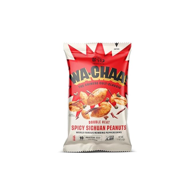 WA-CHAA! Spicy Sichuan Peanuts, Numbing Mala Peppercorns, Toasted Chili Flakes, Protein-Packed, Party Snacks, Non-GMO, On-The-Go Travel Size 1.5 Oz (24 Pack, Double Heat)