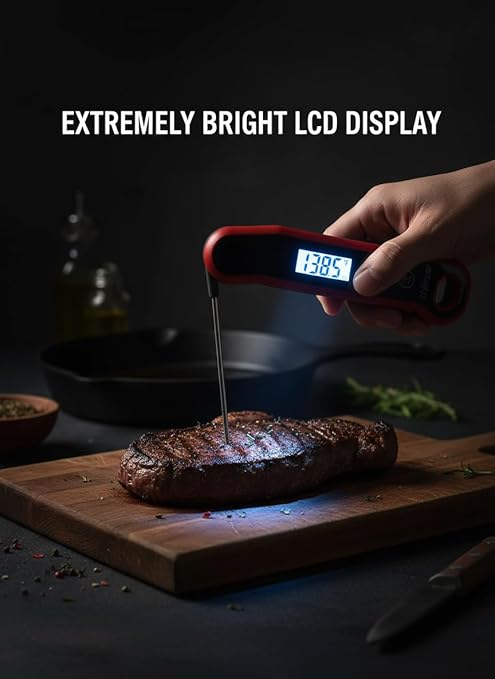 Instant Read Meat Thermometer Digital with Auto Rotate Large LCD Display & Sleep Mode, ±0.5°F Accuracy, IP67 Waterproof Cooking Thermometer for BBQ Grill Smoker Candy