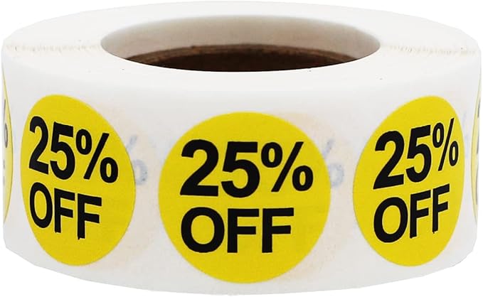 InStockLabels 25% Yellow Stickers for Retail, 500 Labels per Roll, 3/4" Round – Stickers for Promotion & Inventory Event, Easy Peel Tags, Semi-Gloss Adhesive, Apparel-Safe, Residue-Free