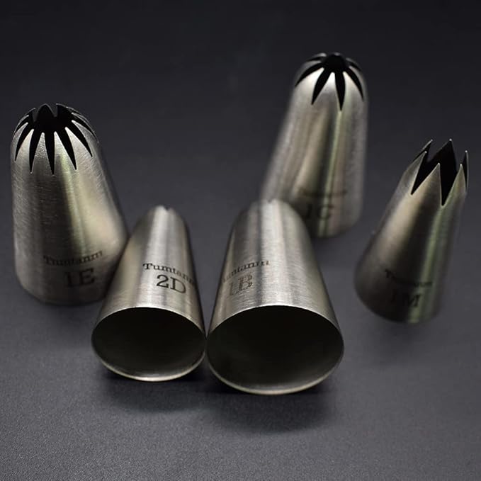 5 Pack Extra Large Piping Nozzles, 1B 1C 1E 1M 2D# Seamless Stainless Steel Piping Icing Tips for Cupcakes