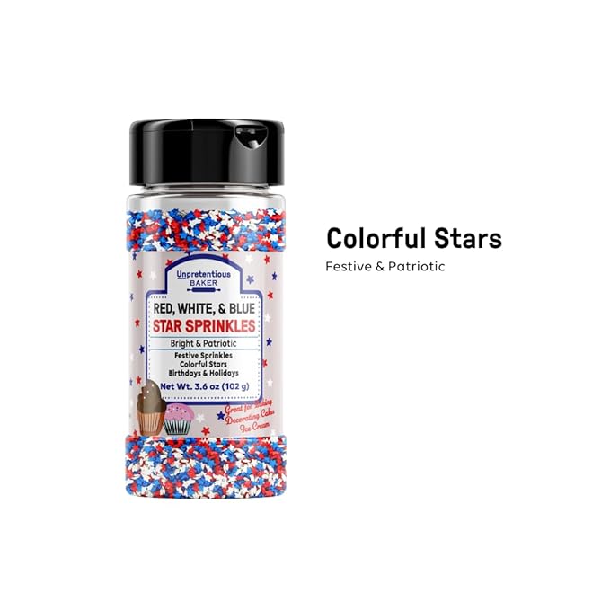 Unpretentious Red, White, and Blue Star Sprinkles, Patriotic Stars, Decorative Dessert Topping (Red, White, and Blue)