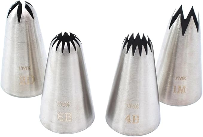 4 Pack Stainless Steel Seamless Piping Icing Tips 1M 2D 4B 6B, Large Piping Nozzle, Cake Decorating Tools for Cupcake Baker