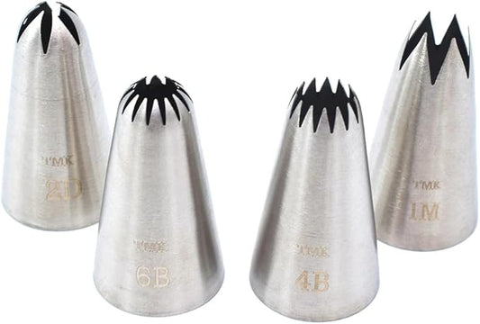 4 Pack Stainless Steel Seamless Piping Icing Tips 1M 2D 4B 6B, Large Piping Nozzle, Cake Decorating Tools for Cupcake Baker