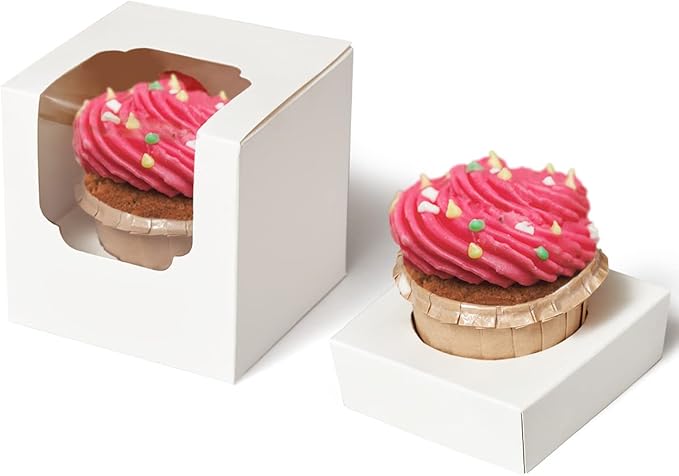 Happyhiram Cupcake Boxes 200 Pcs Bulk white Individual Cupcake Box, Single Cupcake Containers Paper Holders with Inserts and Window for Muffins Cocoa Bombs Packaging Togo Boxes