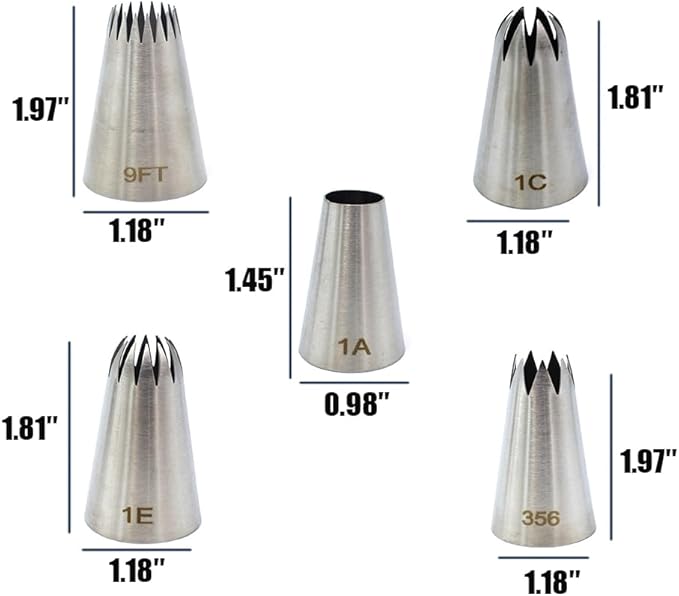 5 Pack Stainless Steel Seamless Piping Icing Tips 1C 1E 1A 356 9FT, Large Piping Nozzle, Cake Decorating Tools for Cupcake Baker