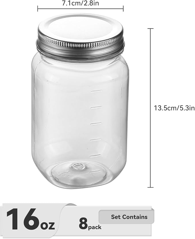 novelinks 16 oz Clear Plastic Mason Jars with Silver Lids – Reusable Food Storage Containers with Lids, BPA-Free, Leakproof, Empty Jars for Pantry, Kitchen, DIY Crafts – 8 Pack