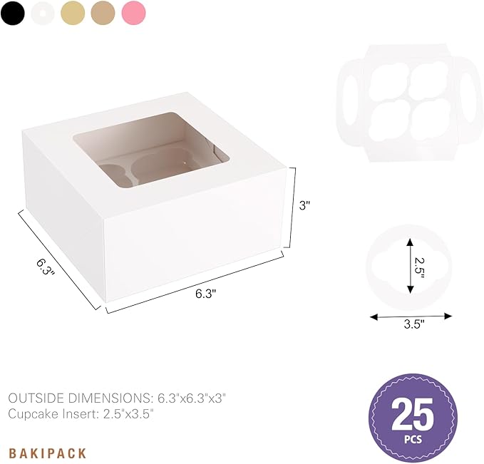 25 White Cupcake Boxes, 4 Count Cupcake Containers with Window and Inserts, 6.3×6.3×3 Inches Cupcake Holders for Cupcakes, Muffins, Cookies, Desserts, Pastries