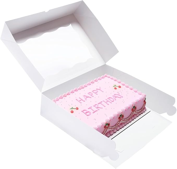 15 Pack 14x10x3.75 Inch Auto-Popup Large Rectangle Cake Boxes with Cake Boards, White Bakery Boxes for Quarter Sheet Cakes,Cupcakes, Brownie,Pie & Donuts