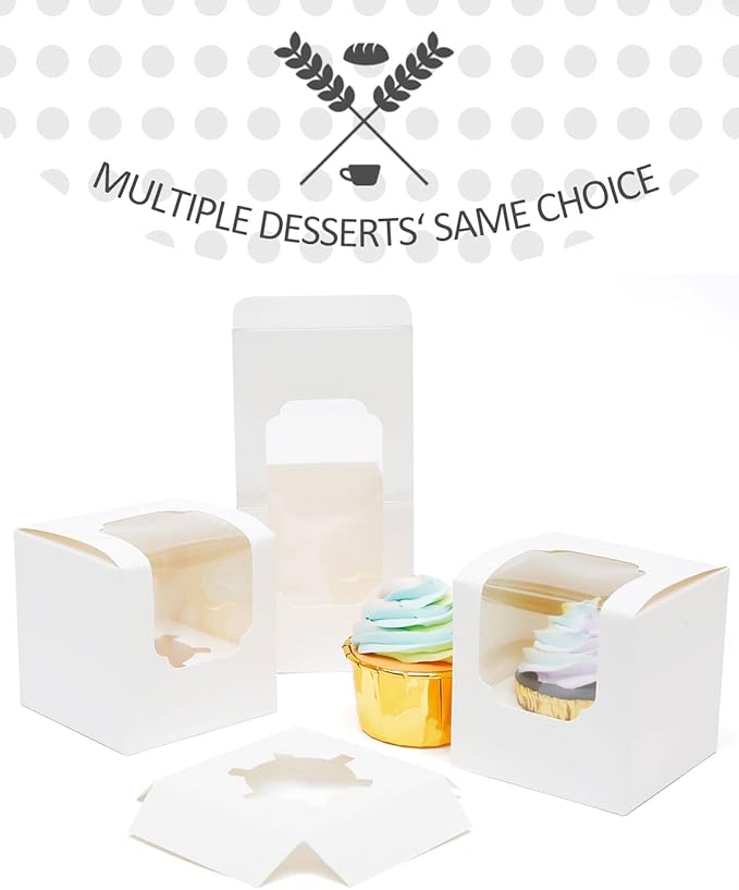 qiqee Auto-pop up Cupcake Boxes 100-Packs Individual Cupcake Container White 3.5" x 3.5" x 3.5" Single Cupcake Boxes