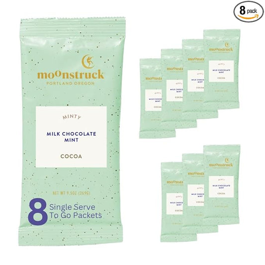 Moonstruck Chocolate Single Serve Minty Milk Chocolate Mint Hot Chocolate Packets, 8 Count (Pack of 1)