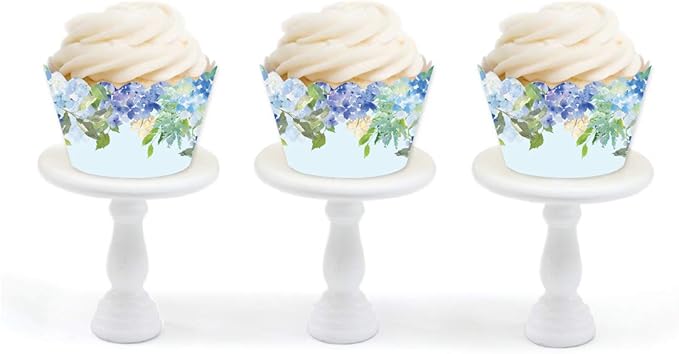 Andaz Press Party Cupcake Wrapper Decorations, Baby Blue Hydrangeas on Sky Blue, For Girl's 1st Birthday, Bridal Showers, Tea Party Themed Decorations - 24-Pack
