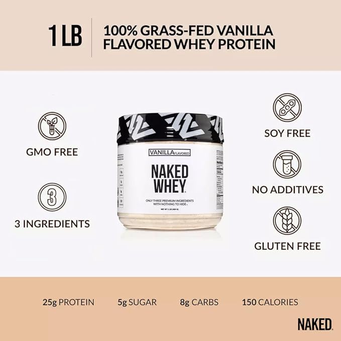 NAKED Vanilla Whey Protein 1Lb, Only 3 Ingredients, All Natural Grass Fed Whey Protein Powder + Vanilla + Coconut Sugar- GMO-Free, Soy Free, Gluten Free. Aid Muscle Growth, 12 Servings