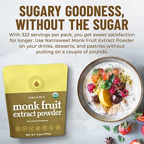 Monk Fruit Extract Sweetener, 3.5 oz, Pure USDA Organic with No Fillers Zero Calories, Zero Carbs, Keto & Paleo Friendly Sugar Substitute, 322 Servings by NatriSweet