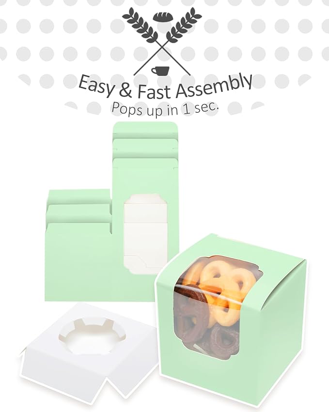 qiqee Light Green Cupcake Boxes Individual Cupcake Container 60pcs 3.5" x 3.5" x 3.5" Auto-Pop up Single Cupcake Boxes (60 Boxes+60 Inserts)