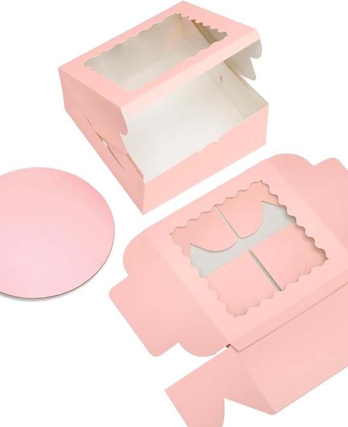 Bakepacker 8x8x5 Inches 36pcs Pink Cake Boxes with Window 18-Packs (18 Boxes +18 Cake Boards Included)