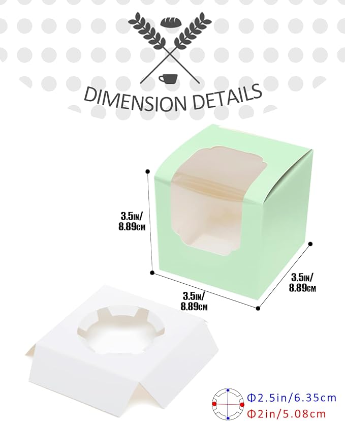 qiqee Light Green Cupcake Boxes Individual Cupcake Container 60pcs 3.5" x 3.5" x 3.5" Auto-Pop up Single Cupcake Boxes (60 Boxes+60 Inserts)