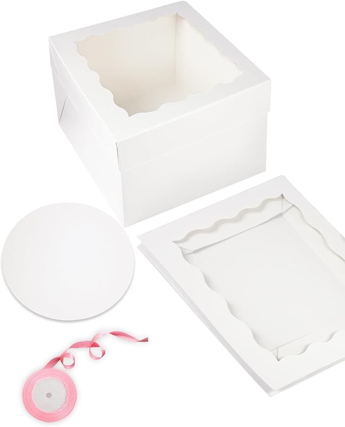 Bakepacker 36pcs 12x12x8 inch Cake Boxes with Window - 18 Packs White Cake Boxes & Boards + 10 Meters Silk Ribbon