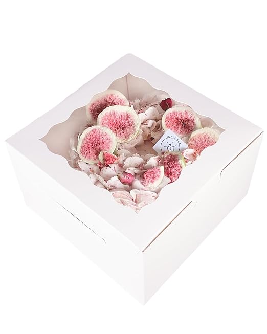 qiqee 10x10x5 Cake Box, 4 Sets White Cake Box with Window ＆ 4 Sets 10" White Cake Round Boards, 10inch Cake Containers