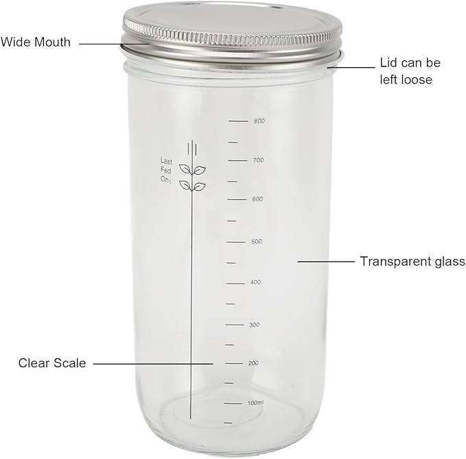 Sourdough Bread Starter Kit, Glass Jar with Markings and Thermometer for Ideal Yeast Fermentation, Bread Making Supplies for Home Bakers, 1000ml, 34oz