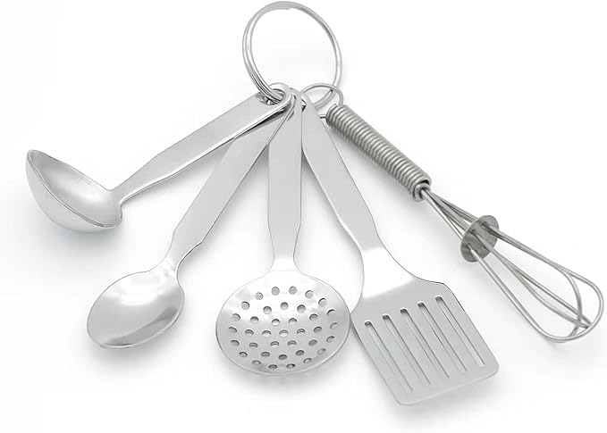 Mini Stainless Steel Kitchen Tool Set with Keychain(3.5"),Set of 5,Includes Whisk, Spatula, Spoon, Skimmer,Soup ladle