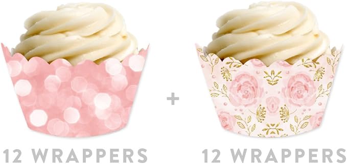 Andaz Press Party Cupcake Wrapper Decorations, Pink Roses and Bokeh Pink Glitter, 24-Pack, Girls Baby Shower 1st Birthday Theme Colored Bulk Cake Supplies