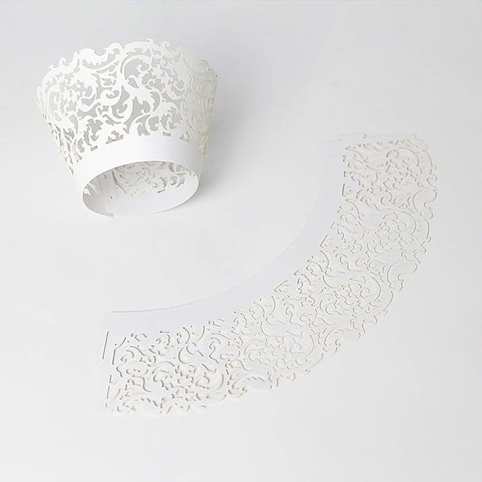YOZATIA 60 White Vine Lace Cupcake Wrapper, Laser Cut Cupcake Liners for Weddings Birthdays Tea Parties and any Special Event- White