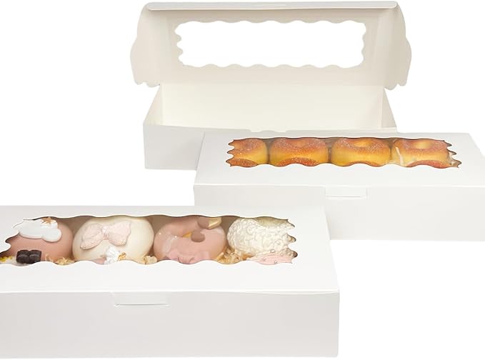 qiqee 12x5.5x2.5 Inch White Cookie Box with Window 15 Packs Two Uses Pastry Biscuit Bakery Box for Packaging