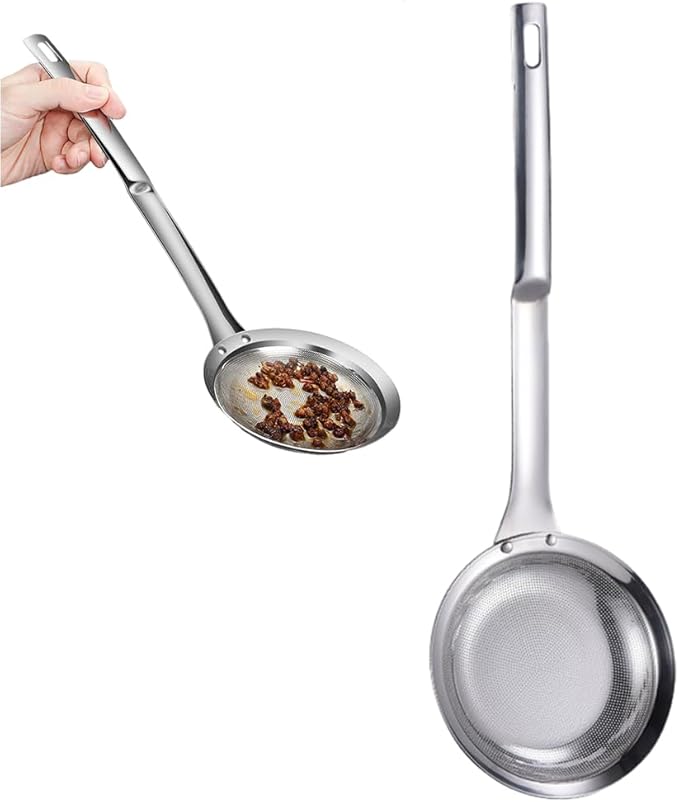 Fine Mesh Stainless Steel Colander, 2024 New Stainless Steel Fine Mesh Strainer for Oil Filter Skimming Grease and Foam, Premium Skimmer Spoon Fine Mesh Strainer with Long Handle (A-Large)