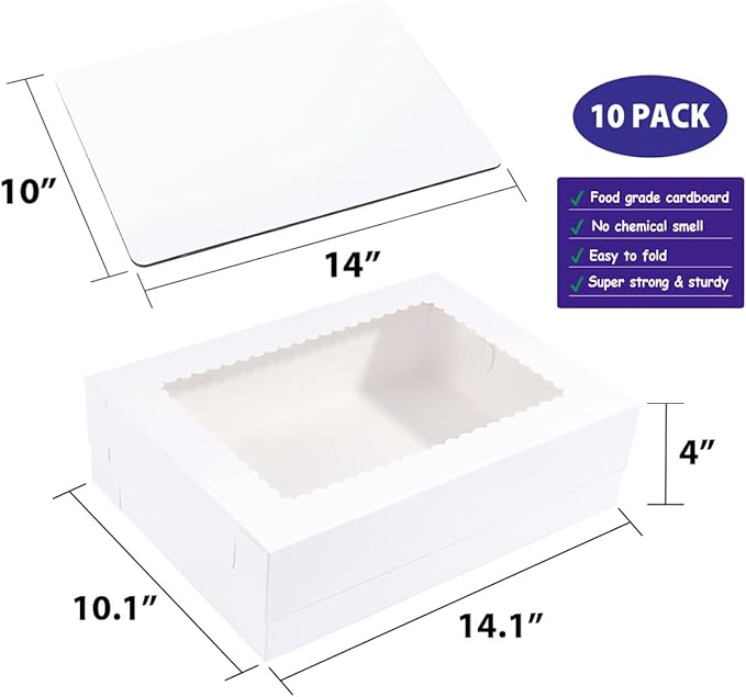JJO 14x10x4 Inches 10 Pack Cake Boxes with Cake Board,White Bakery Boxes for Quarter Sheet Cakes,Donuts,Cupcakes, Brownie&Pie