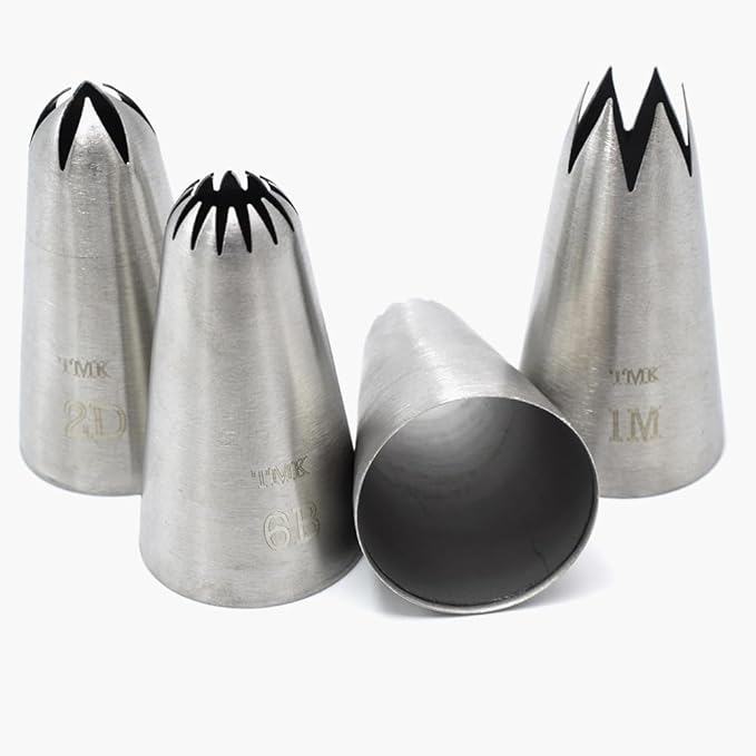 4 Pack Stainless Steel Seamless Piping Icing Tips 1M 2D 4B 6B, Large Piping Nozzle, Cake Decorating Tools for Cupcake Baker