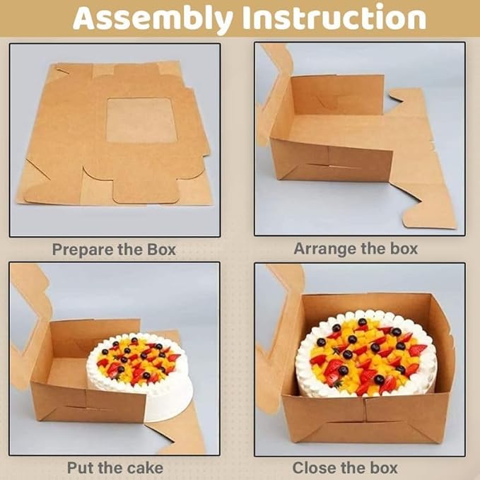 JBR & JM 5-Pack Brown Cake Boxes with Window - 10x10x5 Inches, Disposable Bakery Box for Cakes, Pastries, Desserts, Cookies - Square Cake Containers for Birthday Parties and Weddings