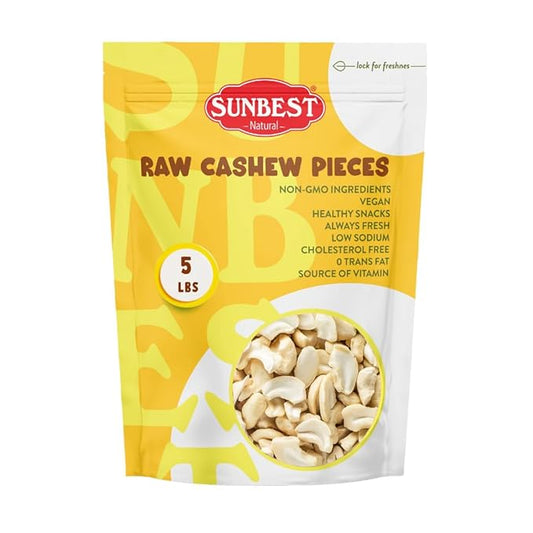 Sunbest Natural Raw Cashews – Large Cashew Pieces, 5 lb Bulk Bag (80 oz) – Unroasted & Unsalted Cashew Nuts – Fresh, Buttery Texture, Nutrient-Rich, Keto, Paleo, Vegan – Non-GMO, Gluten-Free, Kosher