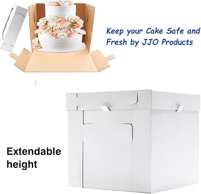 JJO Tall Cake Boxes for Tier Cakes, 14x14x12 Inches 3 Pack,Whie Cake Boxes with Window,Disposable Cake Containers, Sturdy Wedding Tall Cake Carrier