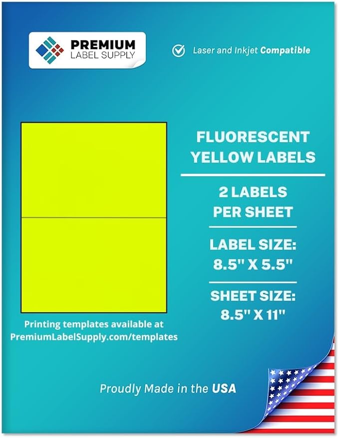 Premium Label Supply Bright Neon Color Fluorescent Sticker Labels - 8.5" x 5.5" Half Sheet Labels - (Fluorescent Yellow, 2000 Labels)