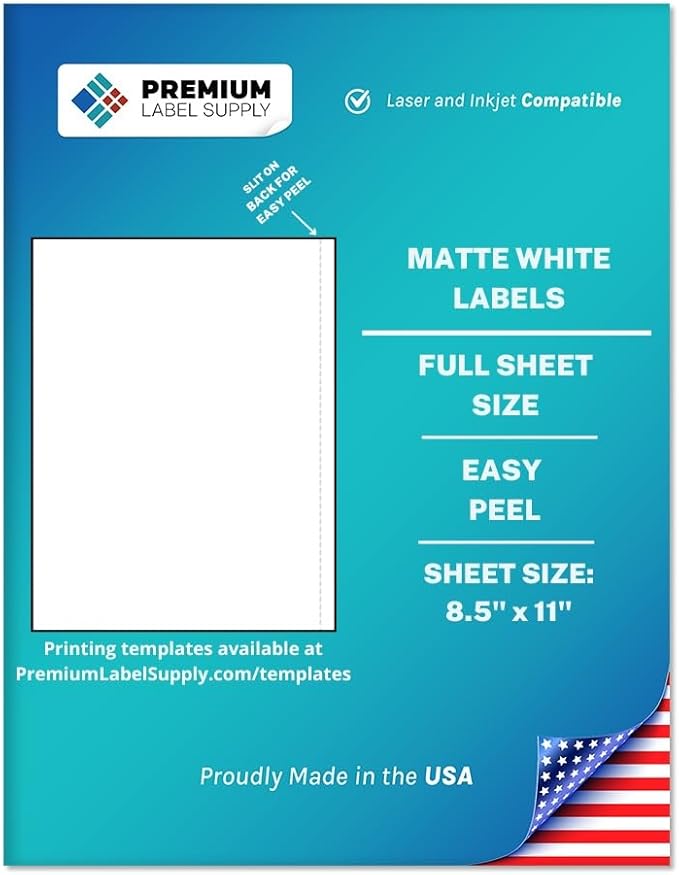 Premium Label Supply White Sticker Full Sheet Shipping Labels – 8.5" x 11" – Laser/Inkjet Compatible – (1 per Sheet), 500 Sheets - Letter Size