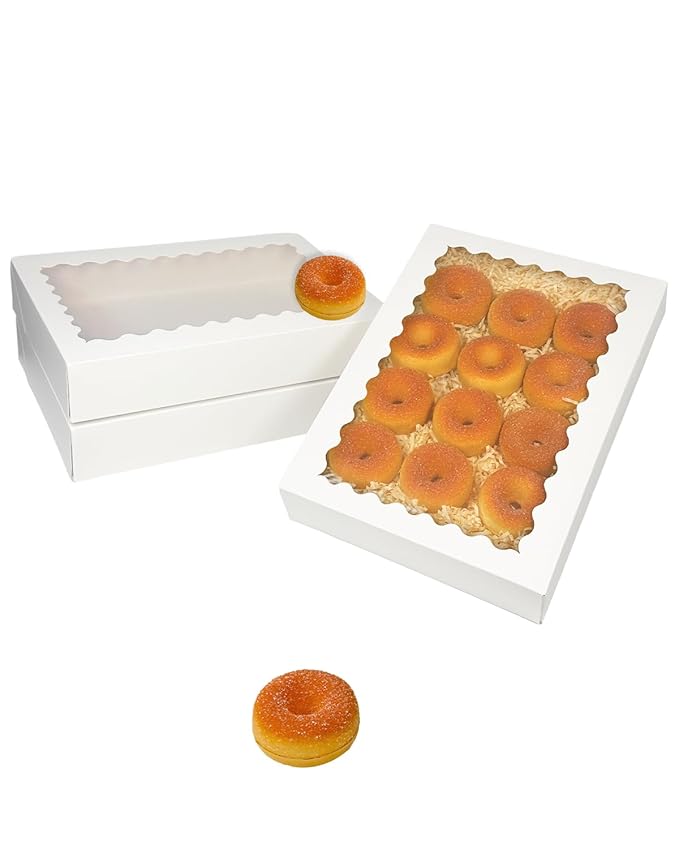 qiqee Auto-pop Up White Cookie Box with Window 16x10.5x2.5 Inch 24Pcs Bakery Pastry Macaron Bakery Box for Packaging