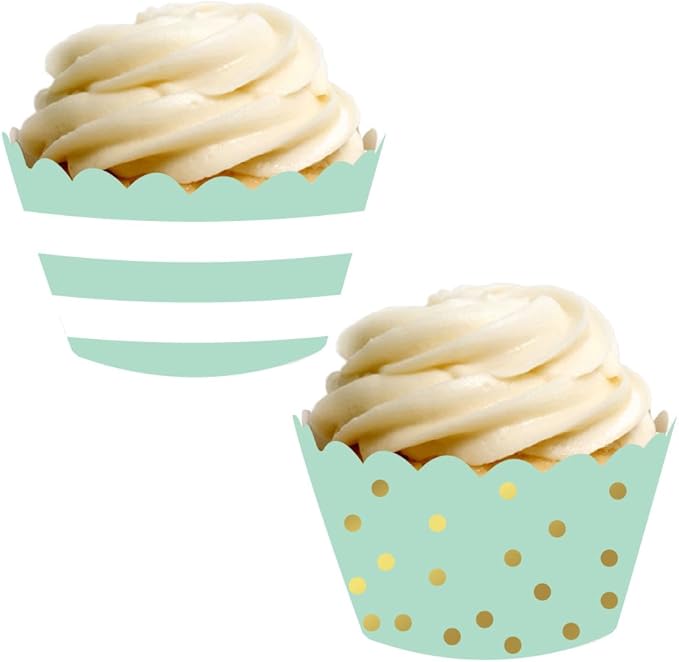 Andaz Press Party Cupcake Wrapper Decorations, Mint Green Stripes and Metallic Gold Ink Polka Dots, 24-Pack, Theme Colored Bulk Cake Supplies
