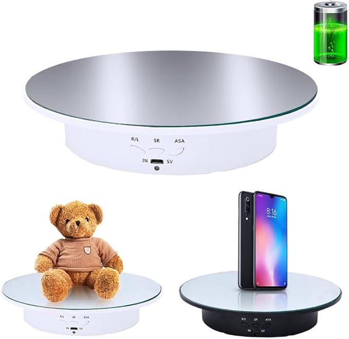 JAYEGT Motorized Rotating Display Stand, 7.87inch /17.6lbs Load, 360 Degree Electric Rotating Turntable for Photography Products, Jewelry, Cake,3D Model , Mirror Cover (White, 7.87inch/Button Control)