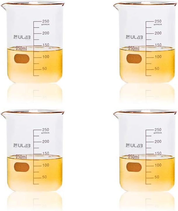 ULAB Scientific Glass Beaker Set, Vol. 250ml, 3.3 Borosilicate Griffin Low Form with Printed Graduation, Pack of 4, UBG1015