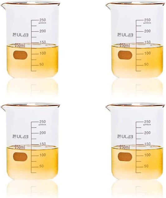 ULAB Scientific Glass Beaker Set, Vol. 250ml, 3.3 Borosilicate Griffin Low Form with Printed Graduation, Pack of 4, UBG1015