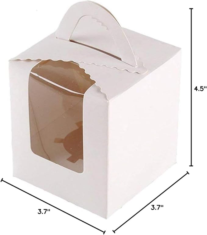ihomecooker 25 Pcs Single White Cupcakes Containers Gift Boxes with Window Inserts Handle for Wedding Candy Boxes (25P-Handle-White)