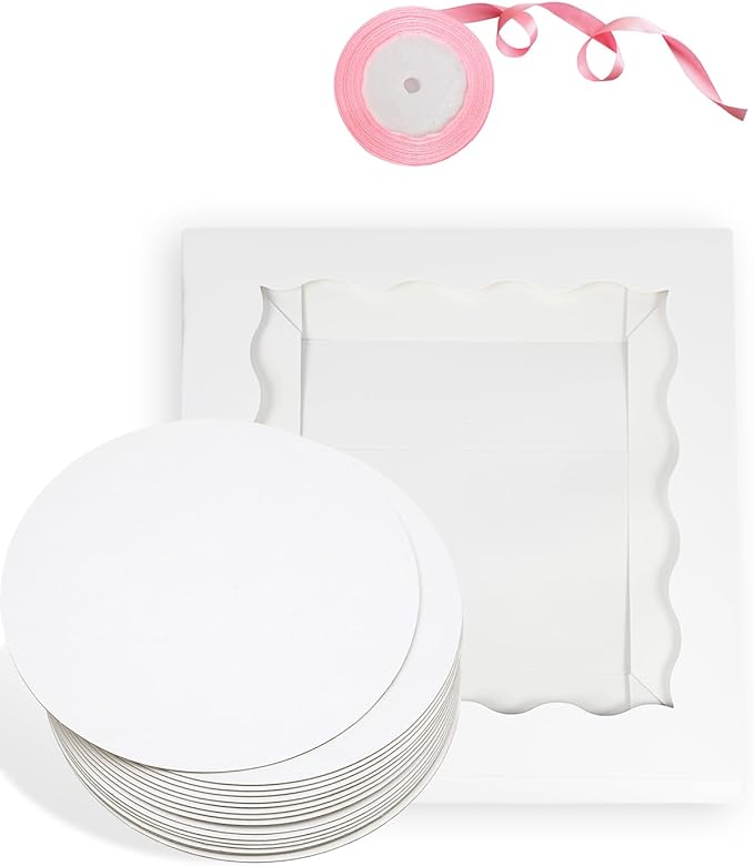 Bakepacker 36pcs 12x12x8 inch Cake Boxes with Window - 18 Packs White Cake Boxes & Boards + 10 Meters Silk Ribbon