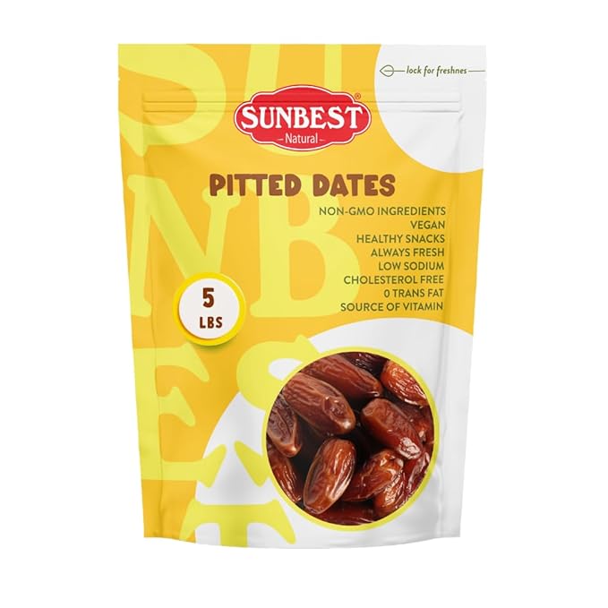Sunbest Natural Deglet Noor Dates – 5 lb Bulk Bag (80 oz) – Sun-Dried, Pitted, Naturally Sweet & Chewy – Non-GMO, Vegan, Kosher, No Sugar Added, Healthy Date Snacks – Ideal for Snacking & Recipes
