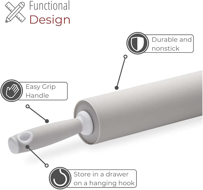 husMait Silicone Rolling Pin - Premium Kitchen Baking Pin for Rolling and Baking - Great for Making Dough, Bread and Pizza