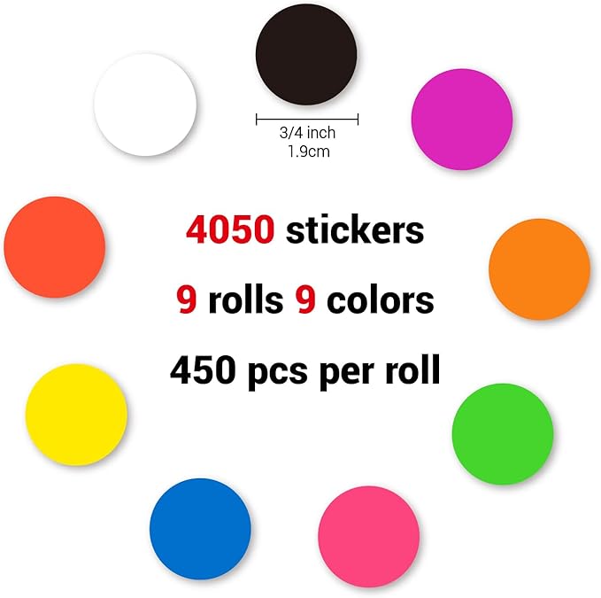 4050 PCS 9 Color 3/4" Colored Dot Stickers Round Color Coding Labels Circle Price Label Removable Stickers for Garage Sale, Yard Sale, Student Classroom, Office