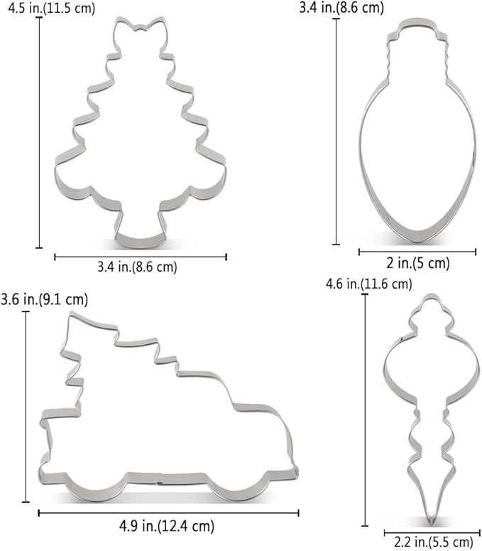 LILIAO Christmas Cookie Cutter Set, 4-pc, Pickup Truck with Christmas Tree, Christmas Tree, Light Bulb and Christmas Ornament Biscuit Fondant Cutters, Stainless Steel